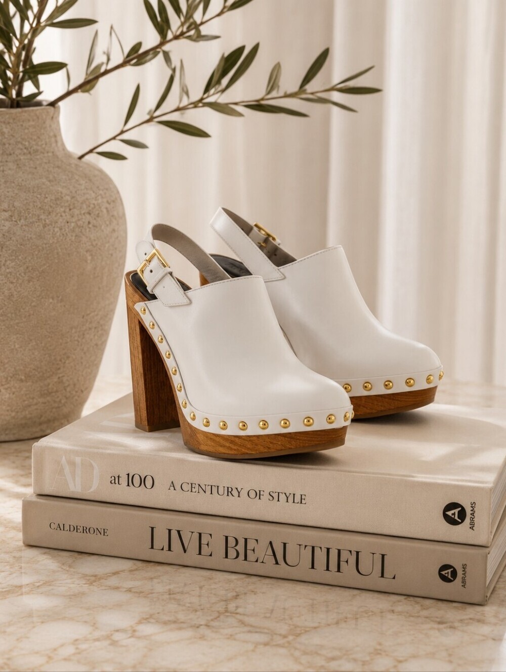 TOM FORD TF Calf Clog White Leather Studded Platform Heels | Size 39.5